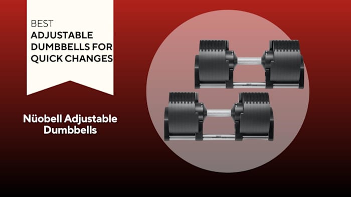 black adjustable nuobell adjustable dumbbells on red background